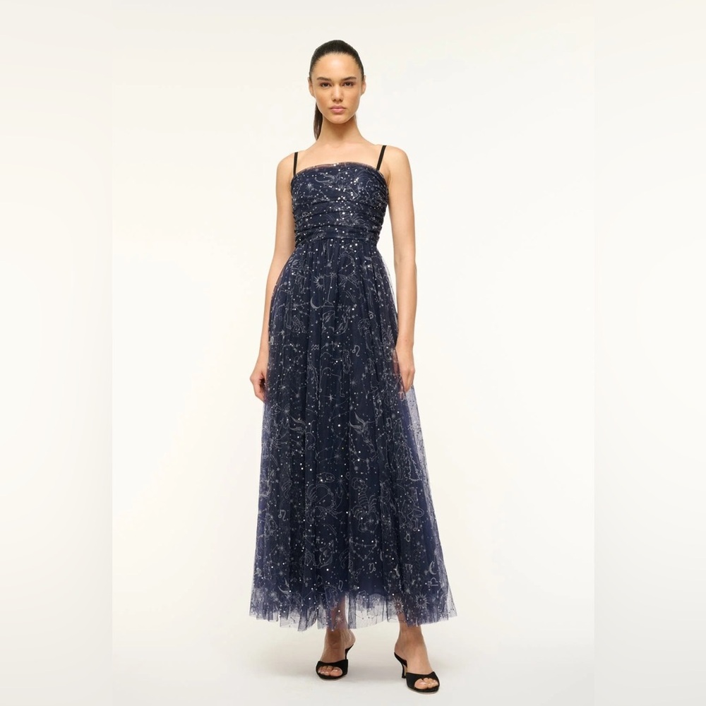 NWT STAUD Bettina Midi Sequin embellished zodiac constellation dress navy blue
